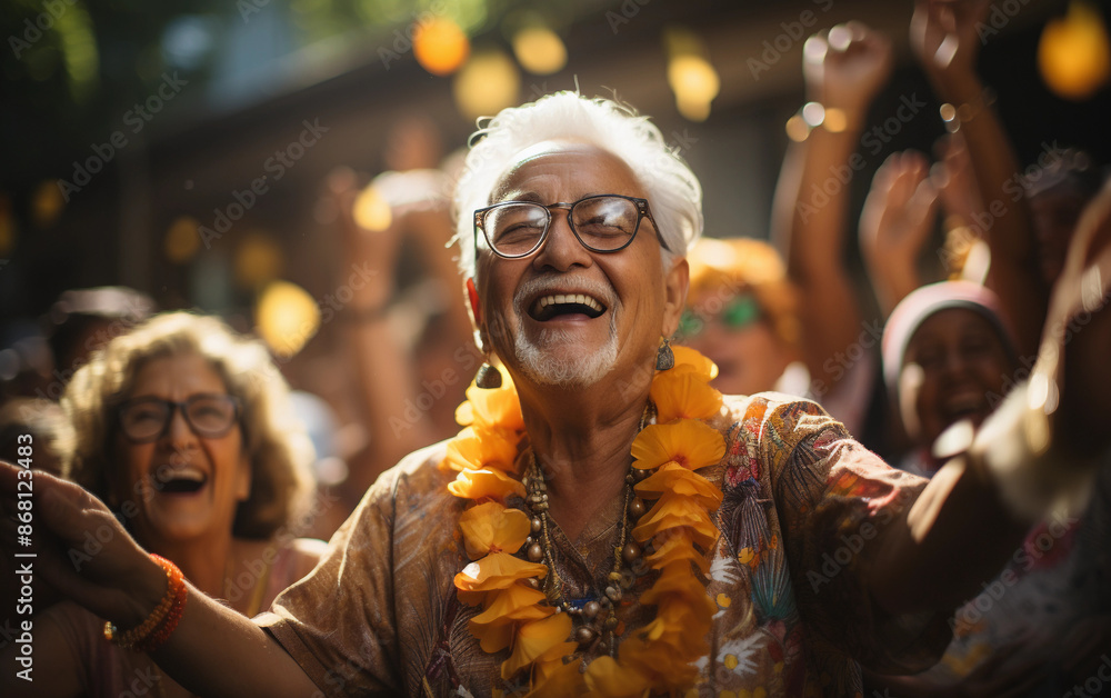 A group of seniors in festive attire dance and laugh together at a summer party. The image captures their joy and energy as they celebrate with friends and family A group of seniors in festive attire dance and laugh together at a summer party. The image captures their joy and energy as they celebrate with friends and family