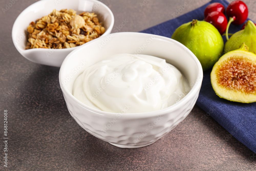 Traditional homemade Greek yoghurt with granola Traditional homemade Greek yoghurt with granola