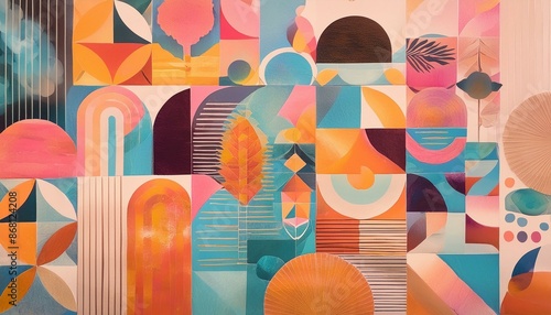 Abstract mid-century modern art style background. Design has geometric shapes in a collage of vibrant colors and textures, suitable for posters or wall decor.