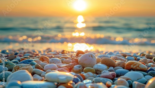 Sunlit Pebbles on a Beach at Sunset