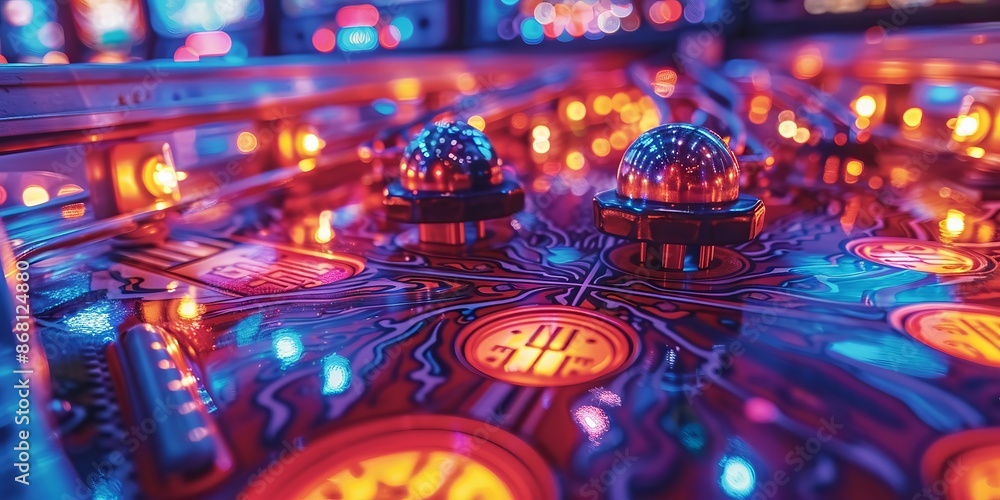 Vibrant Neon-Lit Retro Pinball Machine Arcade Game with Glowing Lights Vibrant Neon-Lit Retro Pinball Machine Arcade Game with Glowing Lights