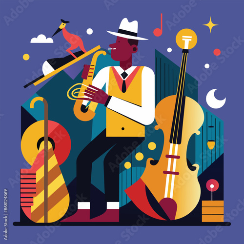 A man playing a musical instrument in front of a large building on a sunny day, Use minimalistic elements to convey the feeling of a jazz improvisation