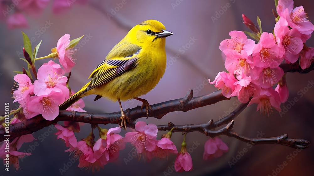This is a beautiful image of a yellow bird perched on a branch, surrounded by pink flowers This is a beautiful image of a yellow bird perched on a branch, surrounded by pink flowers