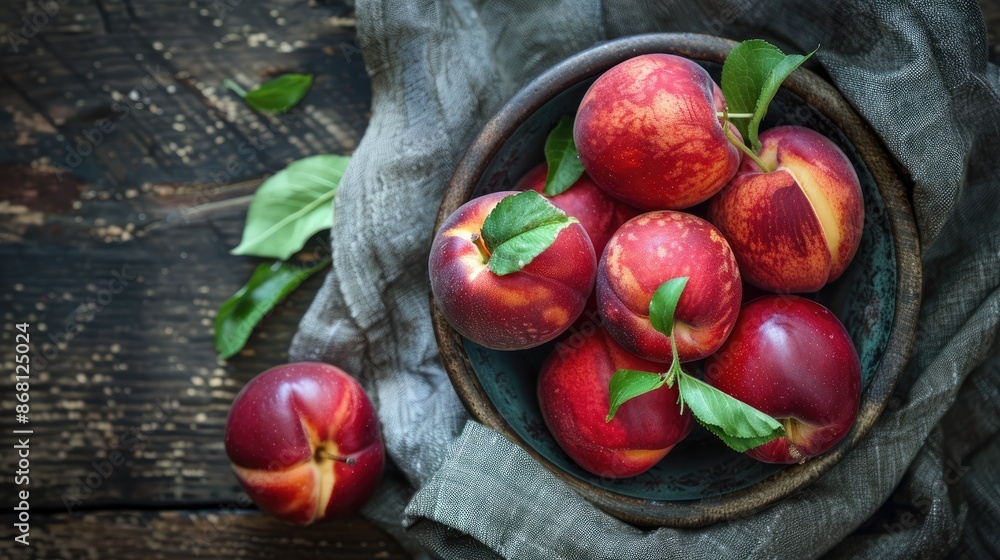 Freshly picked nectarines in a bowl on a rustic table Freshly picked nectarines in a bowl on a rustic table
