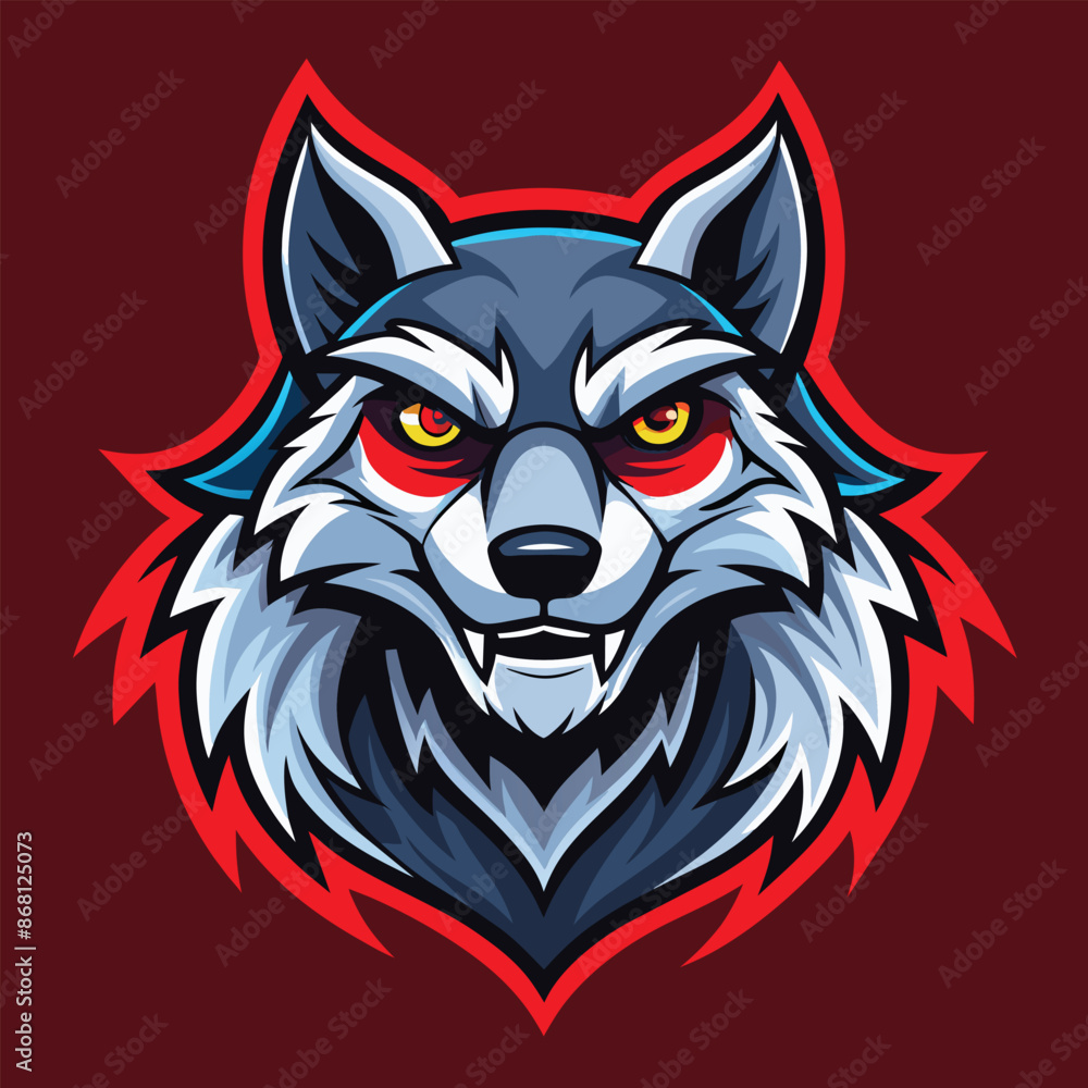 A fierce wolfs head with glowing red eyes set against a vibrant red backdrop, wolves mascot esport logo character design A fierce wolfs head with glowing red eyes set against a vibrant red backdrop, wolves mascot esport logo character design