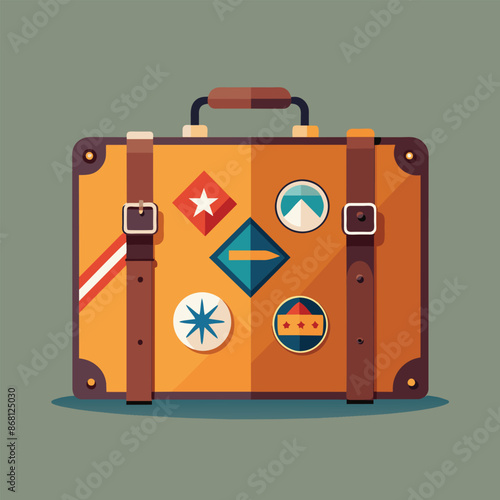 Vintage Suitcase Covered in Travel Stickers, Vintage suitcase with travel stickers, minimalist logo