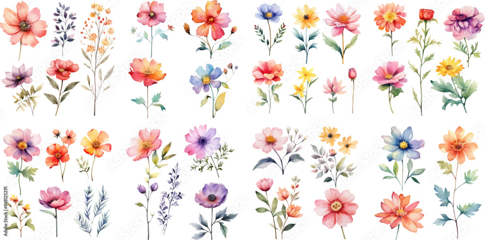 Obraz premium Set watercolor elements of floral; collection. leaves, branch, botanic, garden flowers, eucalyptus, wedding floral design, invitation, cloth.