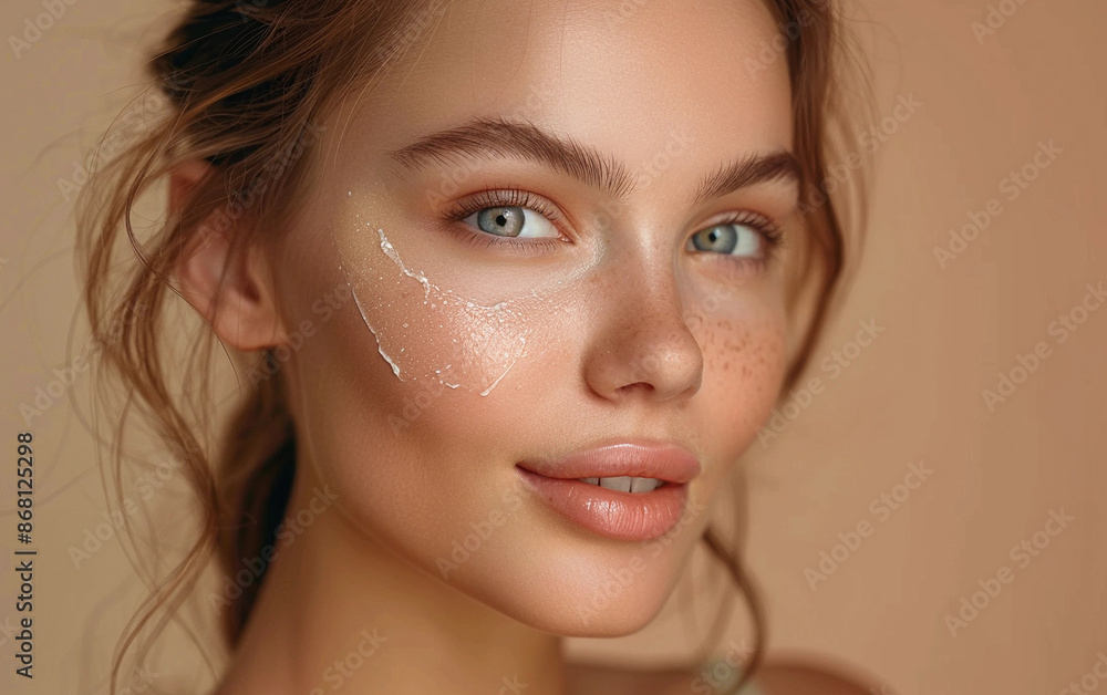 Naklejka premium A beautiful young woman with clean, fresh skin applies facial moisturizer to her cheek