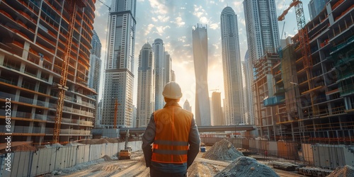 Construction worker in modern city skyscraper construction site at sunset