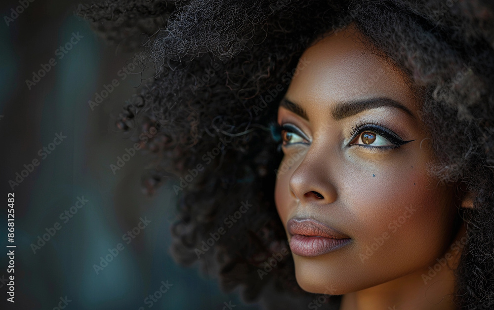 A close-up portrait of a beautiful African American woman with natural makeup and curly hair, looking off to the side A close-up portrait of a beautiful African American woman with natural makeup and curly hair, looking off to the side