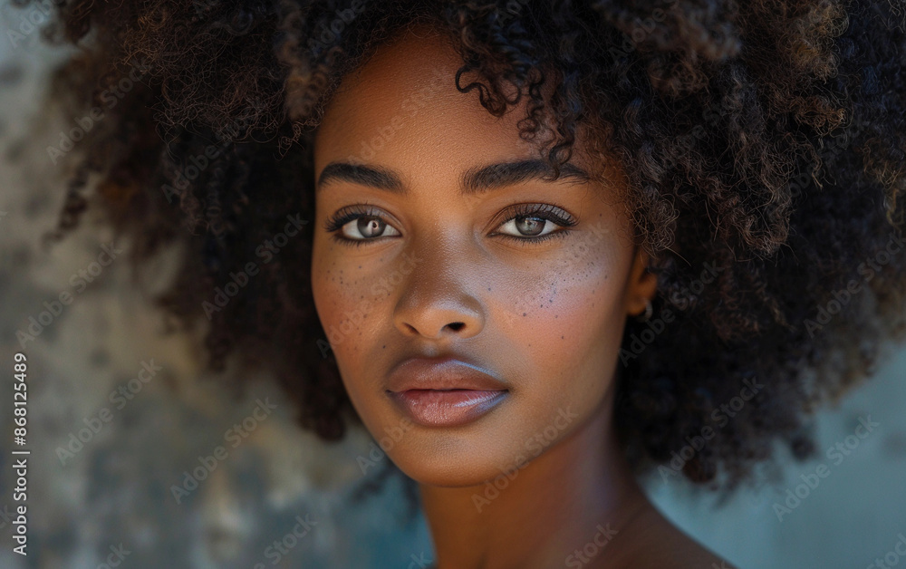 A close-up portrait of a beautiful African American woman with curly hair, looking directly at the camera. Her skin is glowing, and her eyes are piercing A close-up portrait of a beautiful African American woman with curly hair, looking directly at the camera. Her skin is glowing, and her eyes are piercing