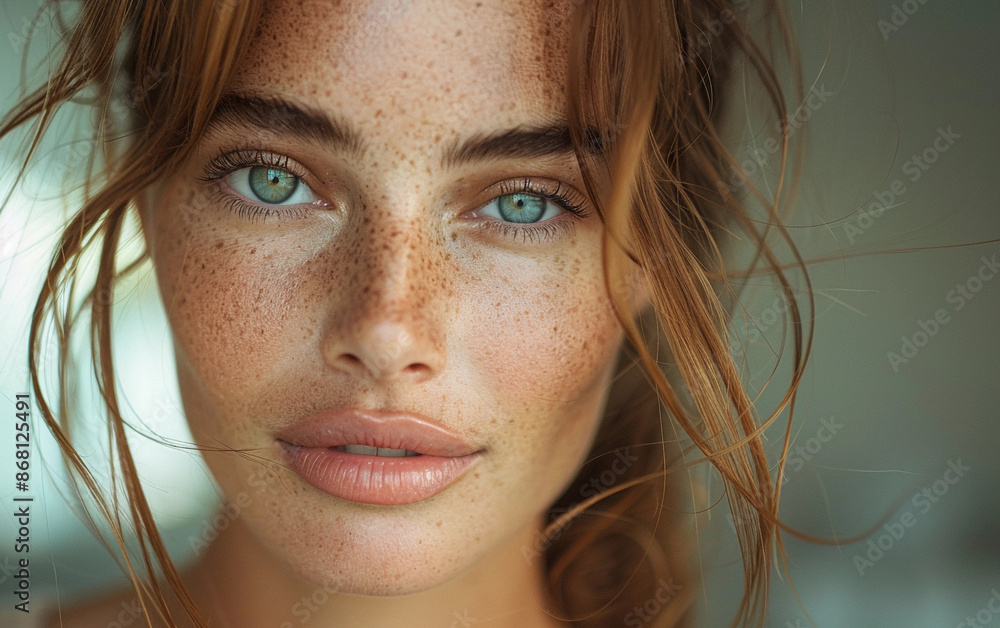 A close-up portrait of a young woman with freckles and green eyes, shot in a natural style. Her hair is loose and flowing, and she has a soft, gentle expression on her face A close-up portrait of a young woman with freckles and green eyes, shot in a natural style. Her hair is loose and flowing, and she has a soft, gentle expression on her face