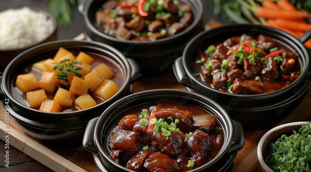 A three-course arrangement, Chinese table backdrop, three traditional black casseroles filled with braised beef. Generative AI. A three-course arrangement, Chinese table backdrop, three traditional black casseroles filled with braised beef. Generative AI.