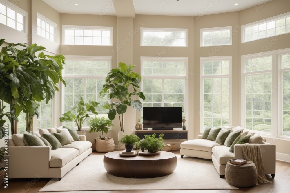 Spacious modern living room with a comfortable sofa and tropical plants, bathed in warm light Spacious modern living room with a comfortable sofa and tropical plants, bathed in warm light