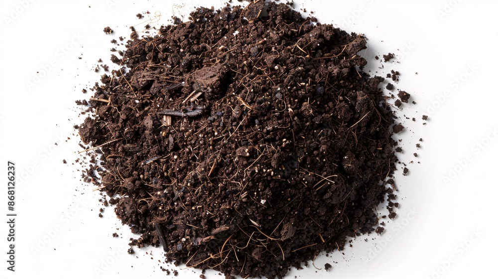 Ultra-high-definition top-down shot of dark, nutrient-rich garden soil with intricate details and textures, isolated on a white backdrop Ultra-high-definition top-down shot of dark, nutrient-rich garden soil with intricate details and textures, isolated on a white backdrop