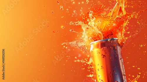 A metal can with an energy drink, from which a powerful splash of liquid bursts out. The background and color scheme are designed in bright orange tones, which emphasizes the freshness and energy