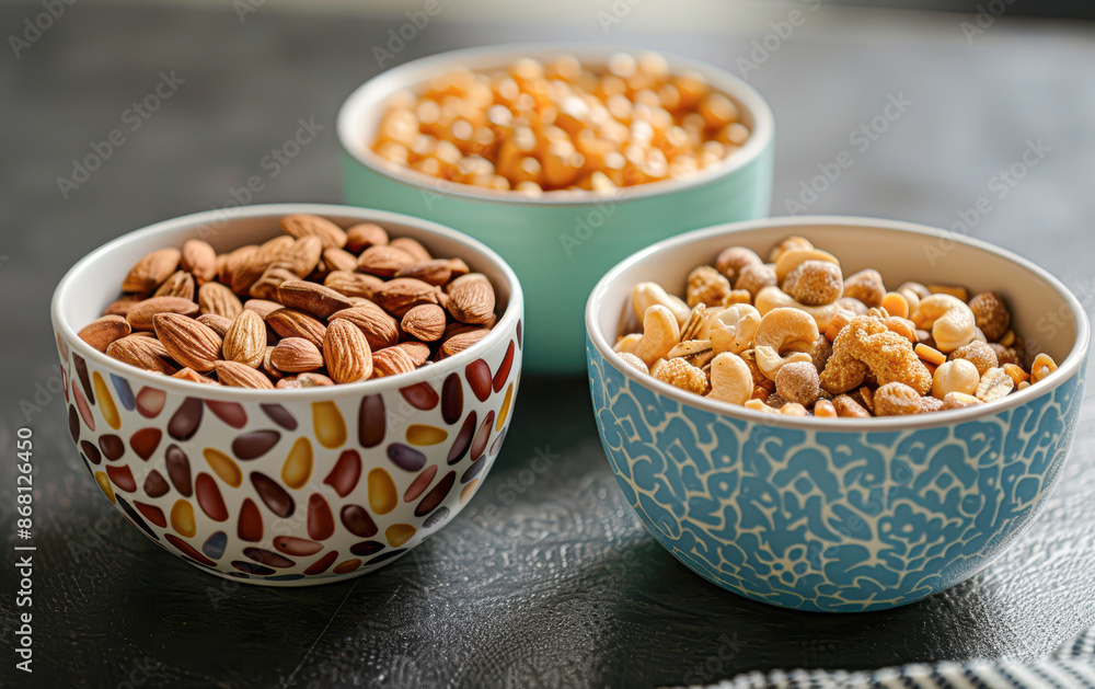 Nutritious Breakfast Choices Three Bowls of Cereal and Nuts on Table for Balanced Diet and Health. Nutritious Breakfast Choices Three Bowls of Cereal and Nuts on Table for Balanced Diet and Health.