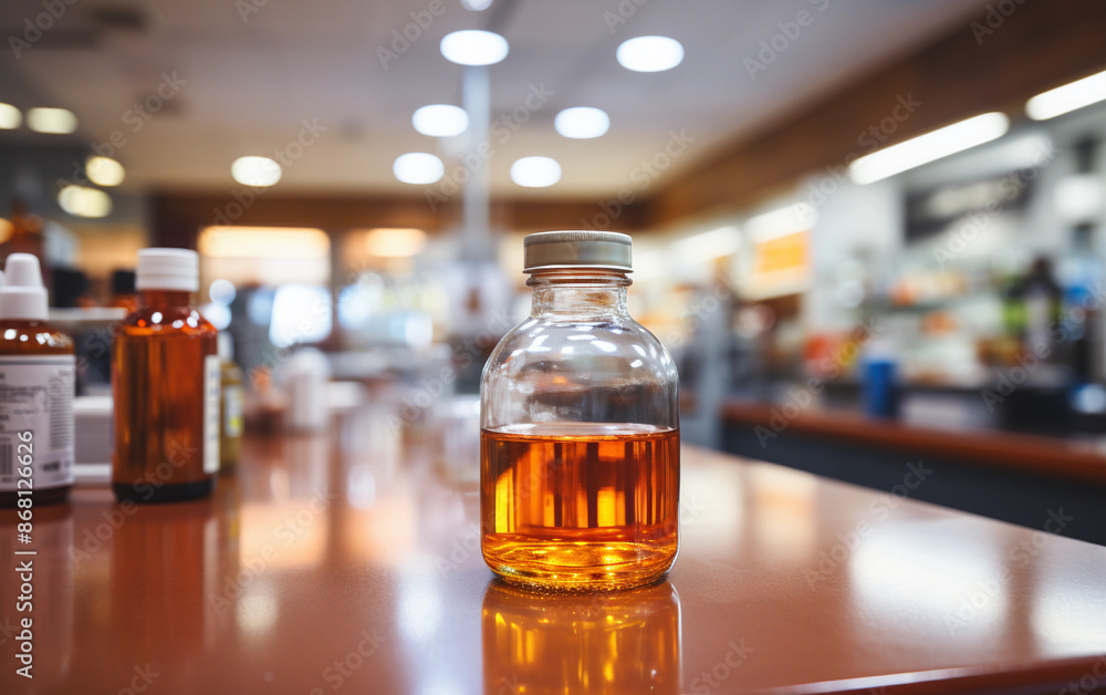 A close-up image of a glass bottle filled with amber liquid, sitting on a counter inside a pharmacy. The background is blurred, showing the pharmacys interior A close-up image of a glass bottle filled with amber liquid, sitting on a counter inside a pharmacy. The background is blurred, showing the pharmacys interior