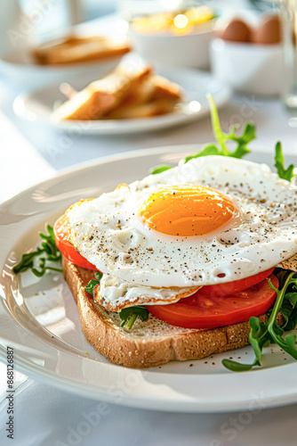 Delicious Breakfast Presentation White Plate with Sandwich and Egg