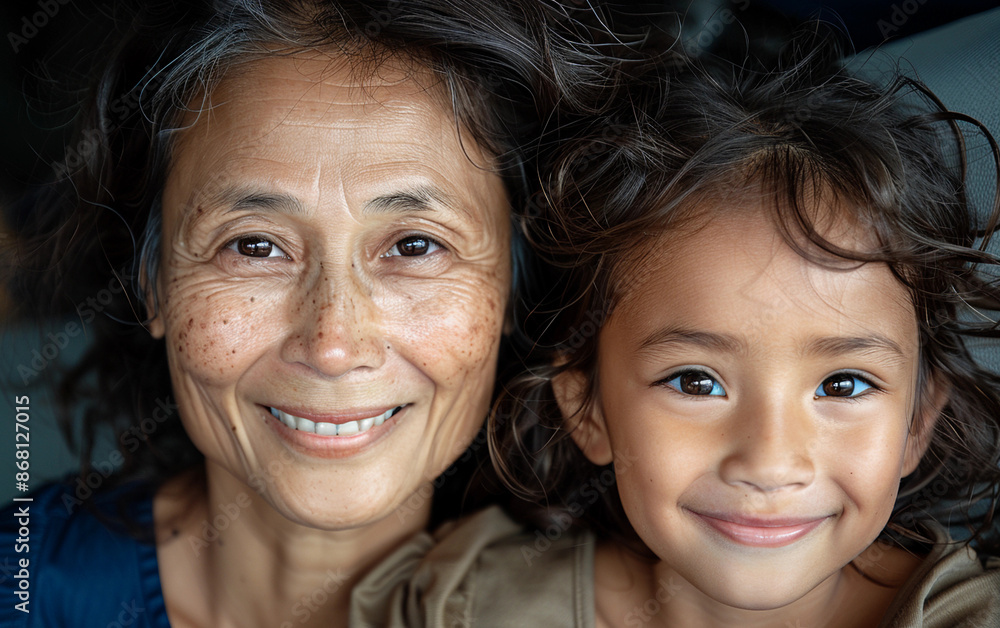 A candid closeup portrait of a happy Asian mother and daughter, smiling at the camera. The mother has wrinkles and freckled skin, while the daughter has clear skin A candid closeup portrait of a happy Asian mother and daughter, smiling at the camera. The mother has wrinkles and freckled skin, while the daughter has clear skin
