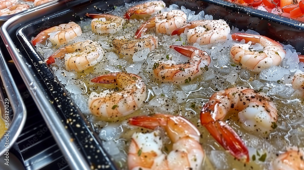 A tray of shrimp is covered in ice and seasoned with pepper. The shrimp are arranged in a way that makes them look appetizing and ready to eat A tray of shrimp is covered in ice and seasoned with pepper. The shrimp are arranged in a way that makes them look appetizing and ready to eat
