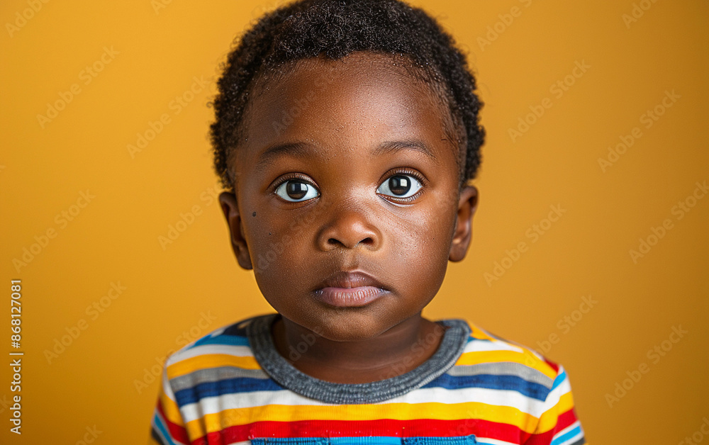 A young nonbinary child of African descent is looking directly at the camera. They are wearing a striped shirt. The background is a solid yellow color A young nonbinary child of African descent is looking directly at the camera. They are wearing a striped shirt. The background is a solid yellow color
