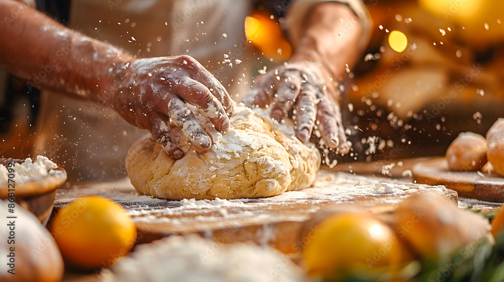 Skilled Bakers Hands Dusting Flour over Bread Dough for Even Rise and Scrumptious Golden Crust. Skilled Bakers Hands Dusting Flour over Bread Dough for Even Rise and Scrumptious Golden Crust.
