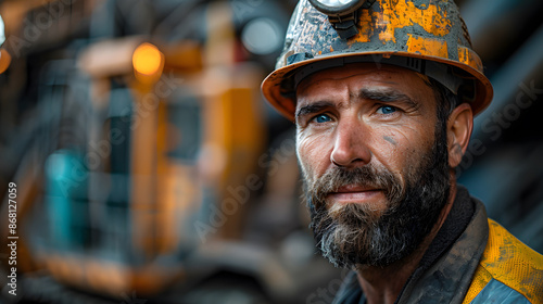 Portrait of a Construction Worker with a Hard Hat and Safety Vest in an Urban Construction Site with Machinery in the Background, Representing Dedication and Hard Work in the Construction Industry © Ryu