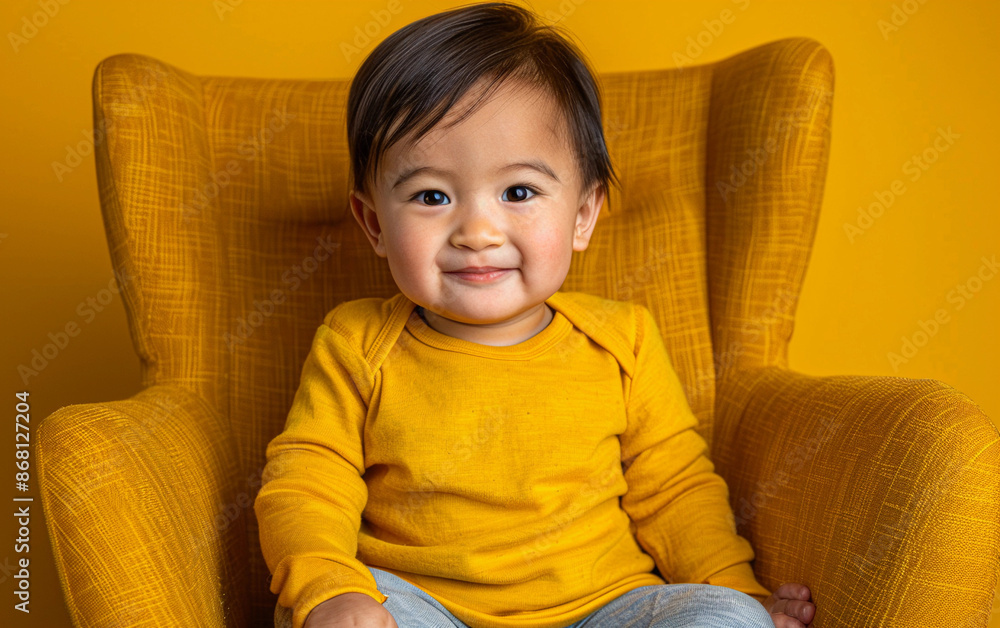 A nonbinary toddler of East Asian descent, wearing a yellow long-sleeve shirt, sits in a yellow armchair against a yellow wall A nonbinary toddler of East Asian descent, wearing a yellow long-sleeve shirt, sits in a yellow armchair against a yellow wall