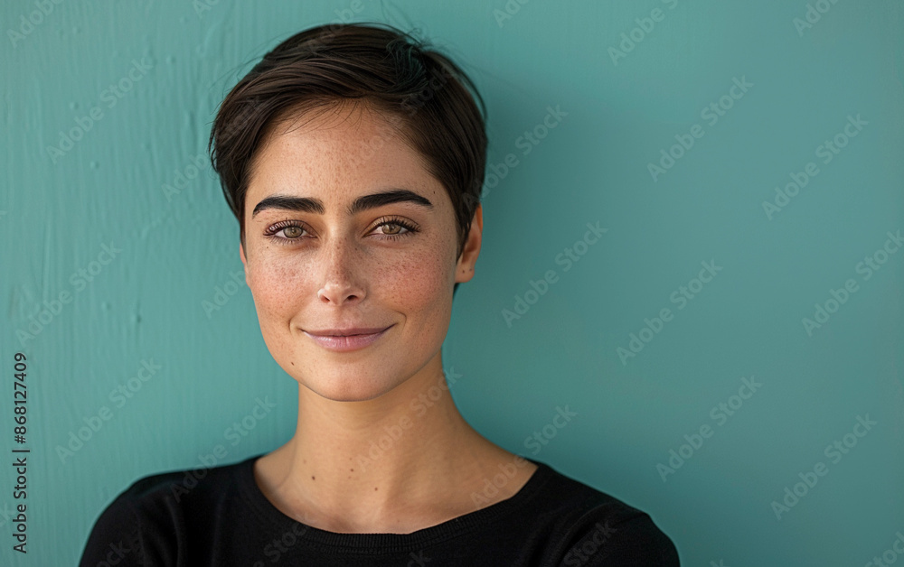 Portrait of a young adult with short, dark hair smiling at the camera while standing in front of a turquoise wall Portrait of a young adult with short, dark hair smiling at the camera while standing in front of a turquoise wall