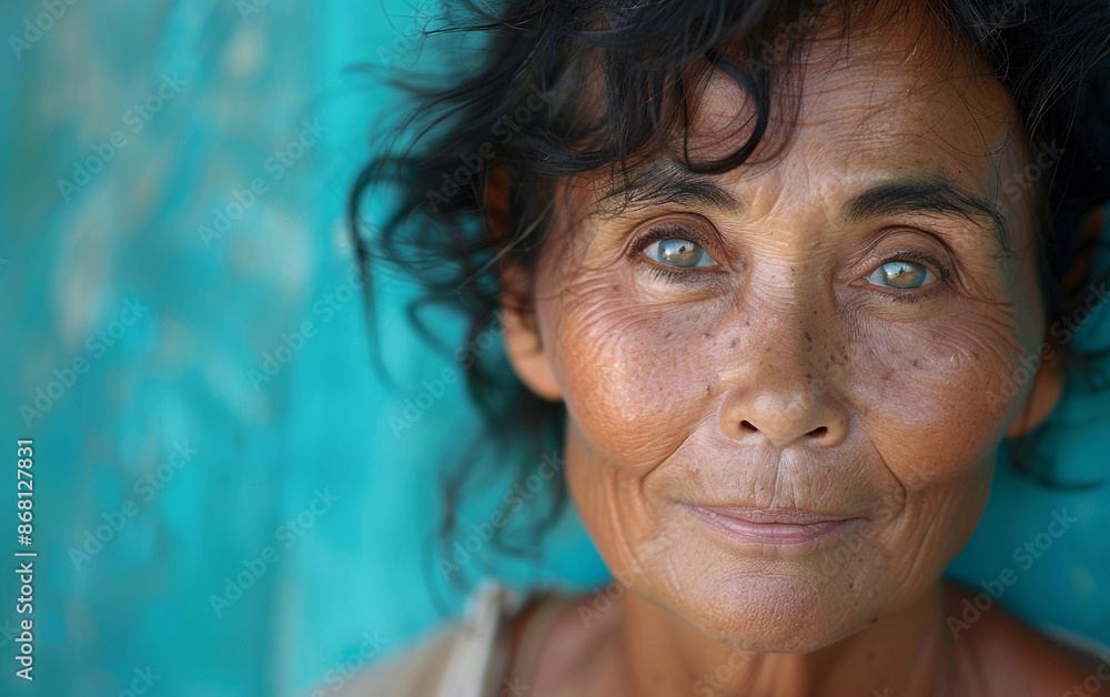 A close-up portrait of a middle-aged trans female of Melanesian descent, featuring her warm smile and captivating blue eyes A close-up portrait of a middle-aged trans female of Melanesian descent, featuring her warm smile and captivating blue eyes
