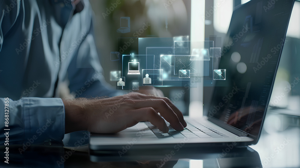 ERP, document management concept.Businessman working with laptop computer with icons on virtual screen and office blur background ERP, document management concept.Businessman working with laptop computer with icons on virtual screen and office blur background