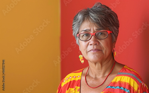 A portrait of a middle-aged trans female of Polynesian descent wearing red eyeglasses and a red and yellow blouse photo