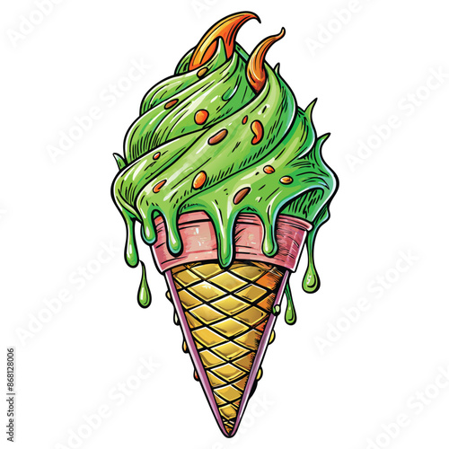 Sticker design with an cone ice cream on white background.