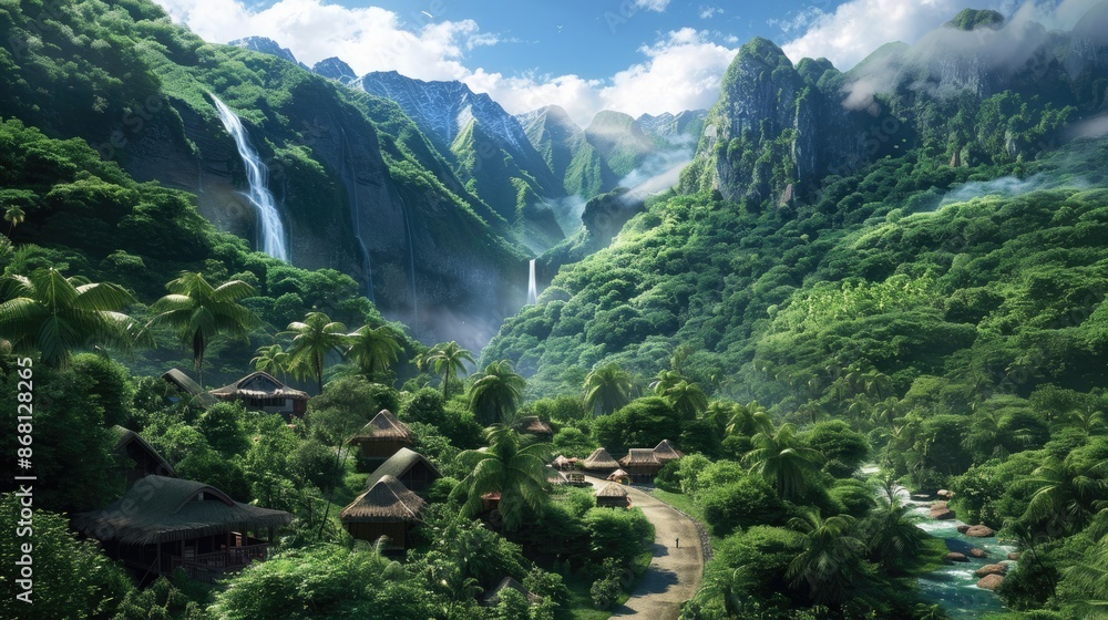 A stunning view of mountains covered in lush vegetation, with a crystal-clear waterfall and a winding road leading to cozy huts and campsites. A stunning view of mountains covered in lush vegetation, with a crystal-clear waterfall and a winding road leading to cozy huts and campsites.