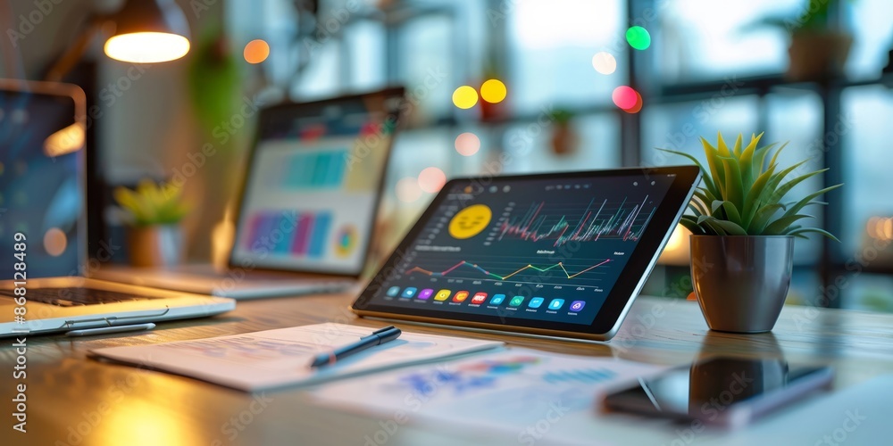 Modern Workspace with Tablet Displaying Data Analytics and Charts Modern Workspace with Tablet Displaying Data Analytics and Charts