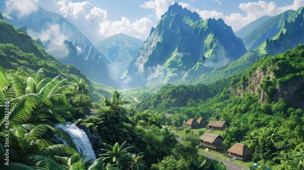 Fototapeta premium A stunning view of mountains covered in lush vegetation, with a crystal-clear waterfall and a winding road leading to cozy huts and campsites.
