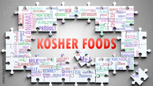 Kosher Foods as a complex subject, related to important topics. Pictured as a puzzle and a word cloud made of most important ideas and phrases related to kosher foods. ,3d illustration photo