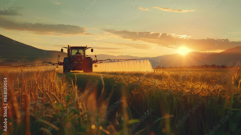 Fototapeta premium irrigation tractor driving spraying or harvesting an agricultural crop at sunset with information infographic data datum as banner design for agriculture industry and food supply production concepts