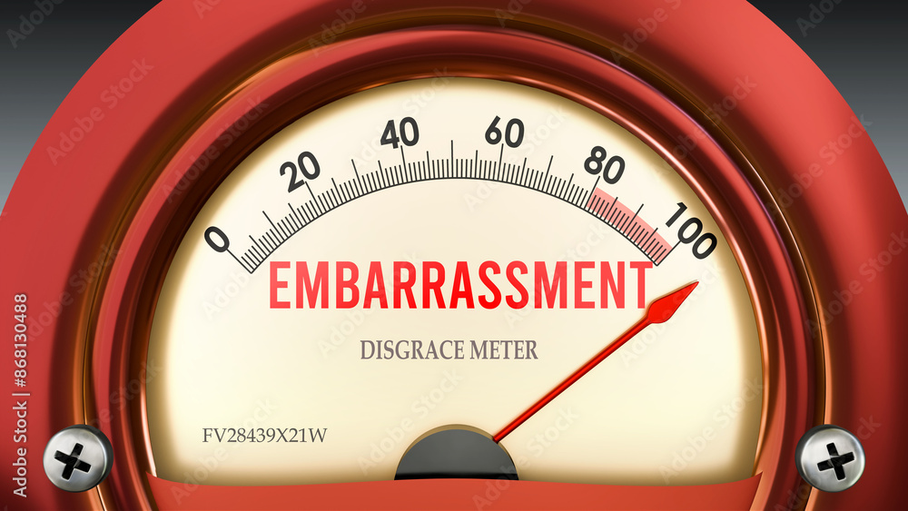 Fototapeta premium Embarrassment and Disgrace Meter that is hitting a full scale, showing a very high level of embarrassment, overload of it, too much of it. Maximum value, off the charts. ,3d illustration