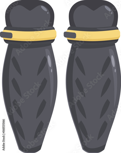 This illustration features a pair of black shin guards, commonly worn for protection in sports