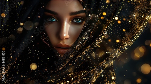 Model face beautiful Muslim woman with a black headscarf decorated with sparkling gold wallpaper AI generated image © harkamat