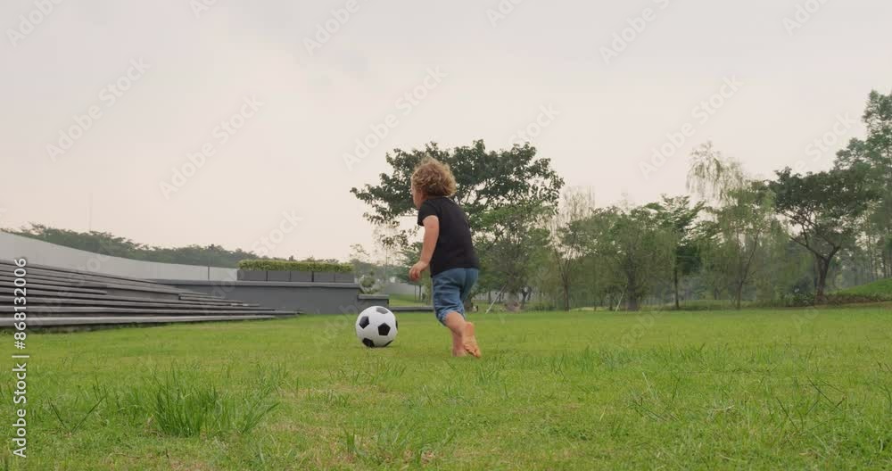 Toddler boy receives light soccer pass but swings too early and misses ball. Unfazed, he joyfully chases rolling ball, catches up, and kicks it towards camera. Relaxed game or simple training at park. Toddler boy receives light soccer pass but swings too early and misses ball. Unfazed, he joyfully chases rolling ball, catches up, and kicks it towards camera. Relaxed game or simple training at park.