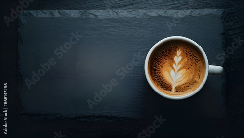 Coffee Cup on Dark Slate Background. Overhead view of a coffee cup with space for text.