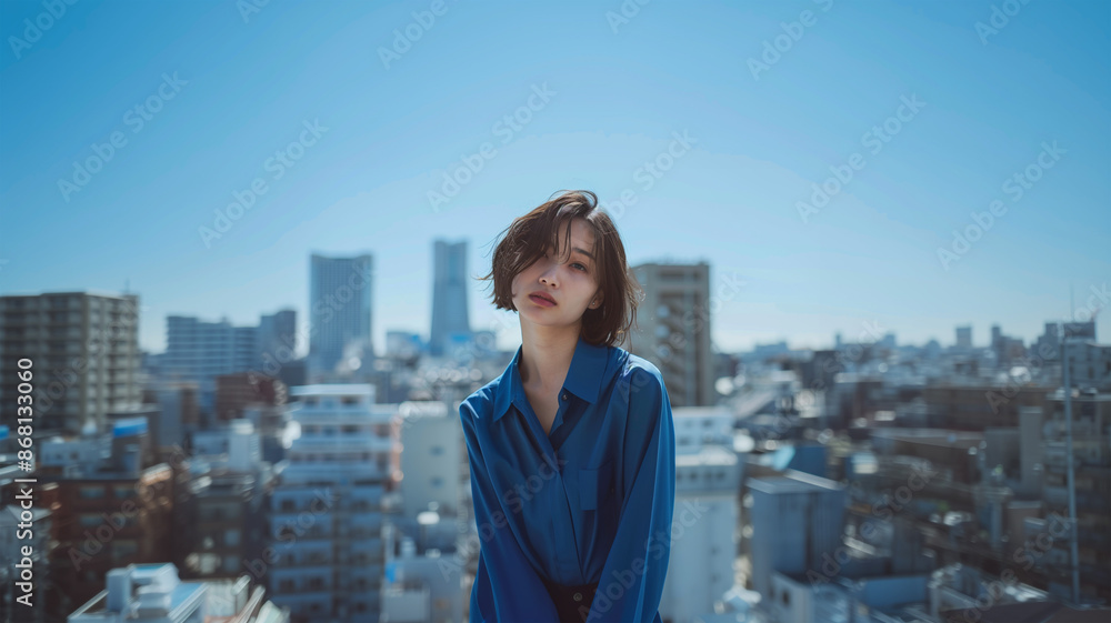 ビル屋上のファッションモデル女性