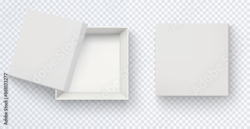 Top view of white empty square box. Realistic mockup of closed and half open cardboard paper box isolated on transparent background.