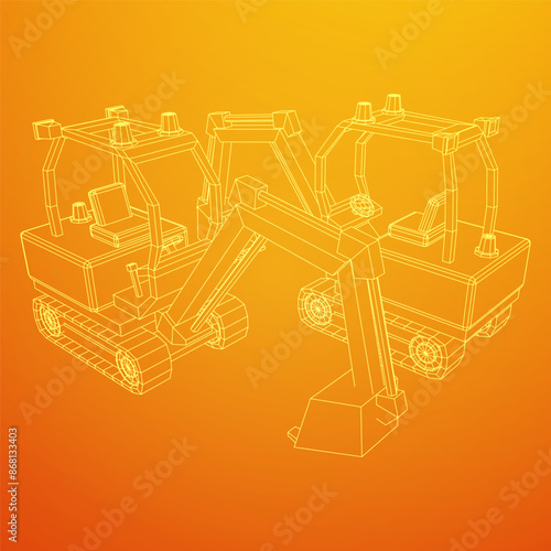 Heavy equipment excavator machine manufacturing power equipment for open pit mining. Wireframe low poly mesh vector illustration