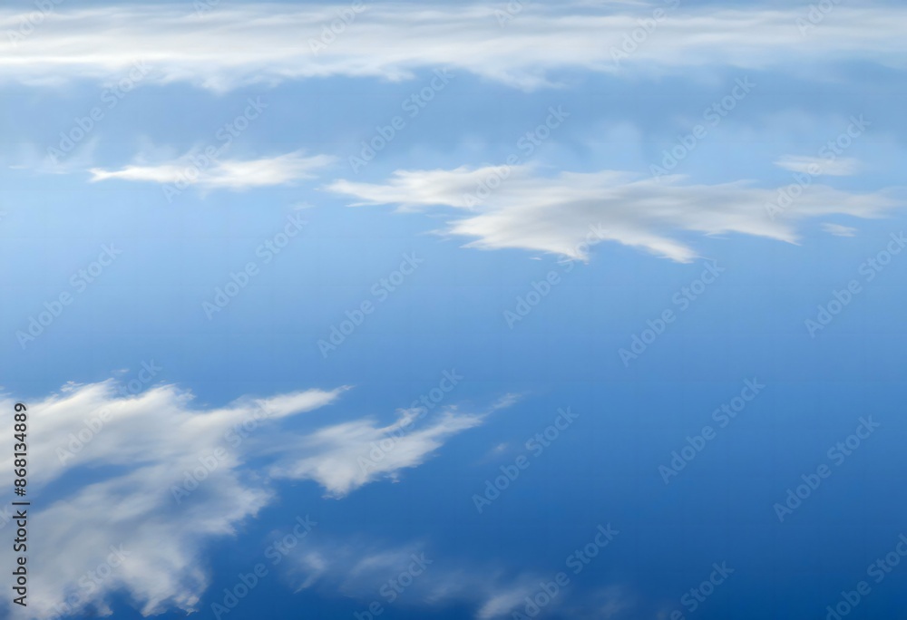 Blue sky with wispy clouds reflected in water,Clean Blue sky Background