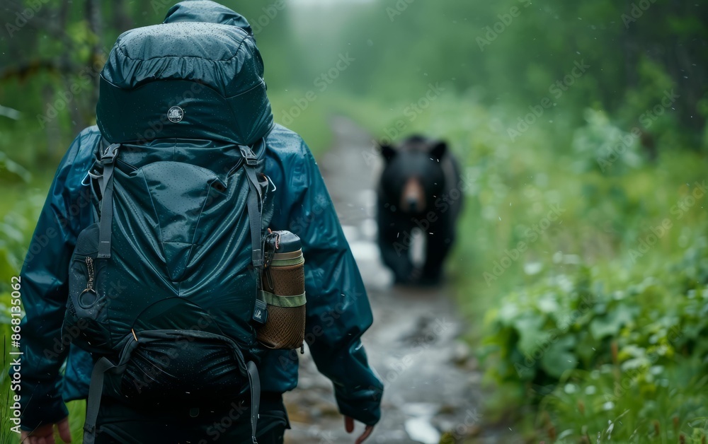 Hiking in the Rain with a Bear in the Distance. Hiking in the Rain with a Bear in the Distance.