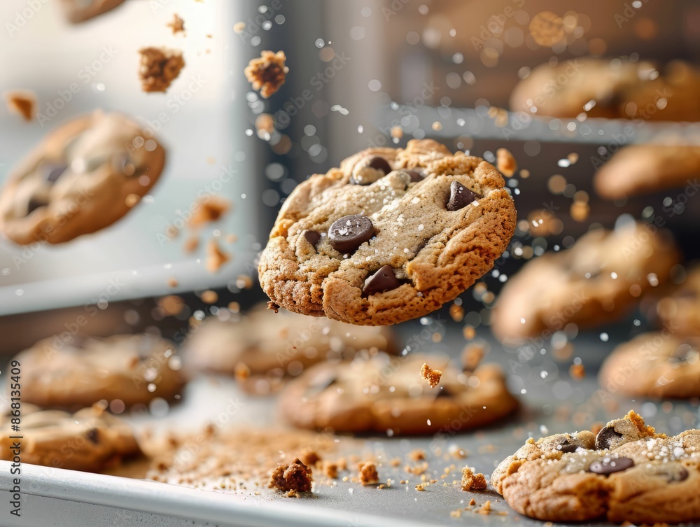 Freshly Baked Chocolate Chip Cookies Flying in the Air. Freshly Baked Chocolate Chip Cookies Flying in the Air.